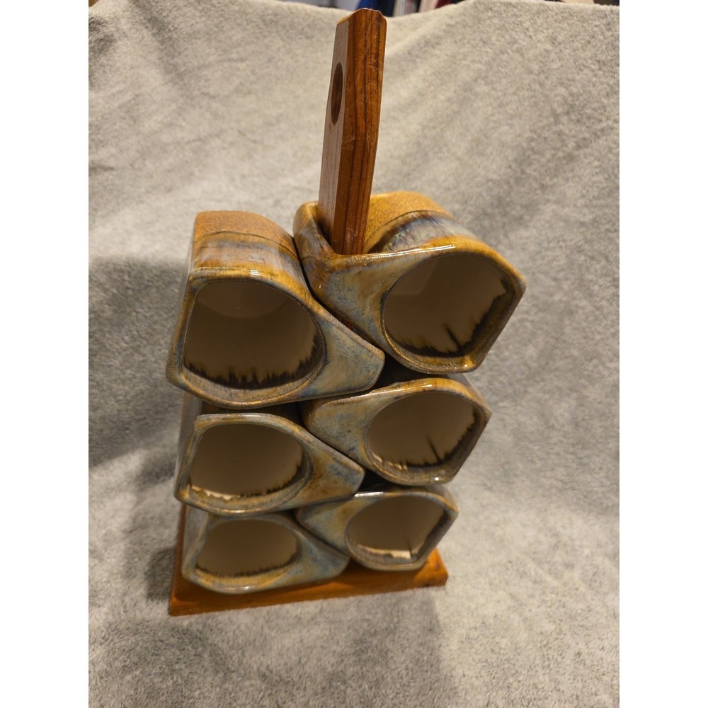 Vintage Set of 6 Rodolfo Padilla Drip Glazed Brown Blue Coffee Cups Mugs  Stand